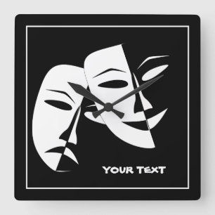 Theatre Mask Comedy Tragedy Black White Custom Square Wall Clock
