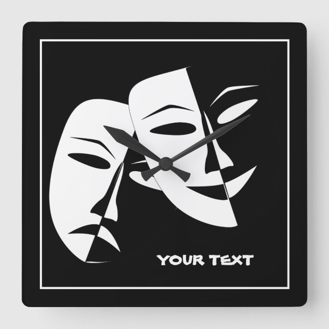 Theatre Mask Comedy Tragedy Black White Custom Square Wall Clock (Front)