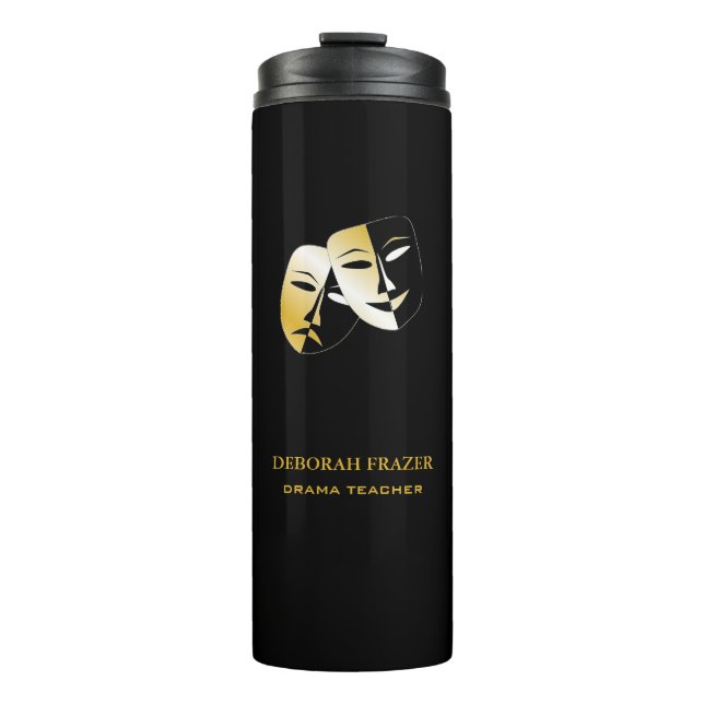 Theatre masks silhouette black thermal tumbler (Front)