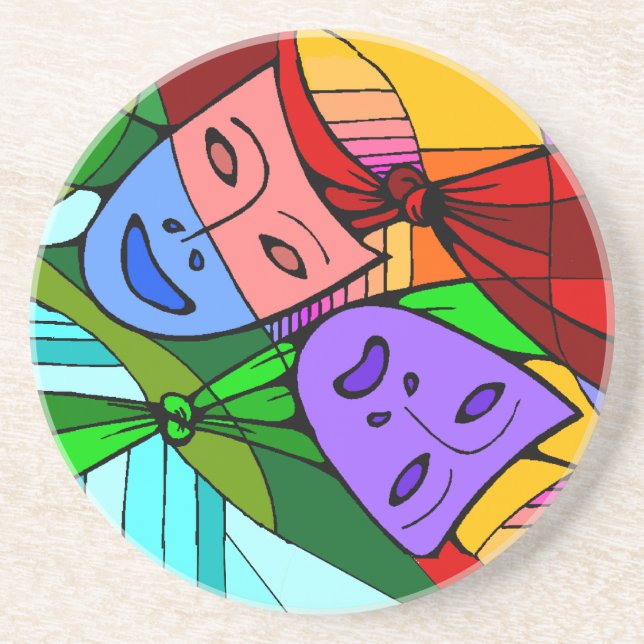 Theatrical masks colourful stained glass coaster (Front)