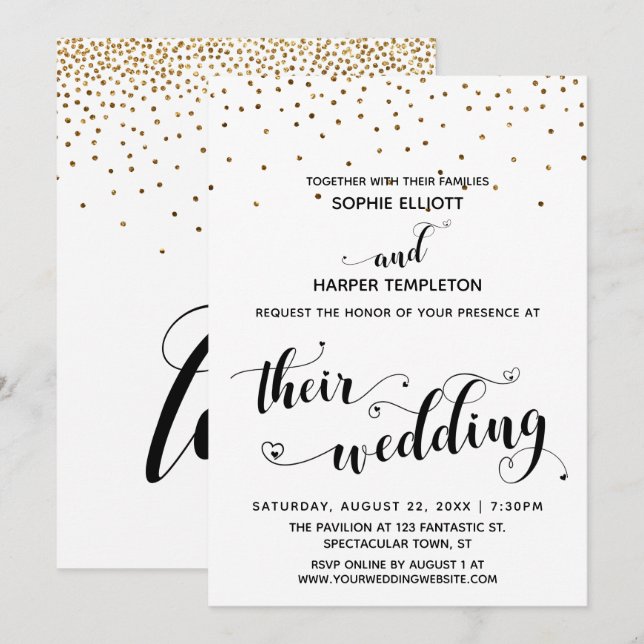 Their Wedding Calligraphy w/ Hearts, Gold Confetti Invitation (Front/Back)