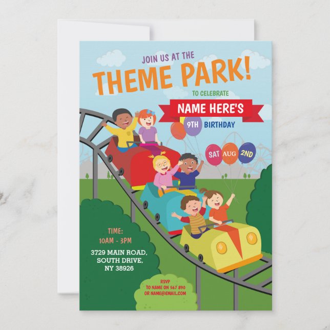 Theme Park Rollercoaster Rides Birthday Party Invitation (Front)