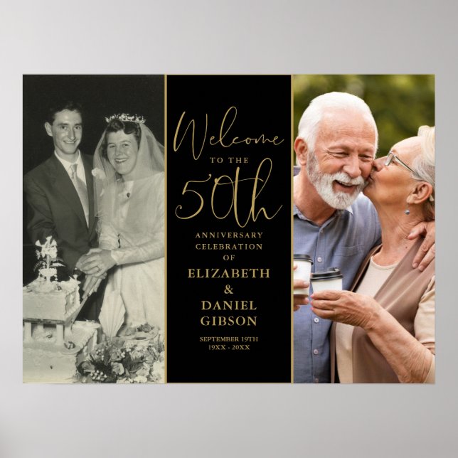 Then And Now 2 Photo 50th Anniversary Welcome Sign (Front)