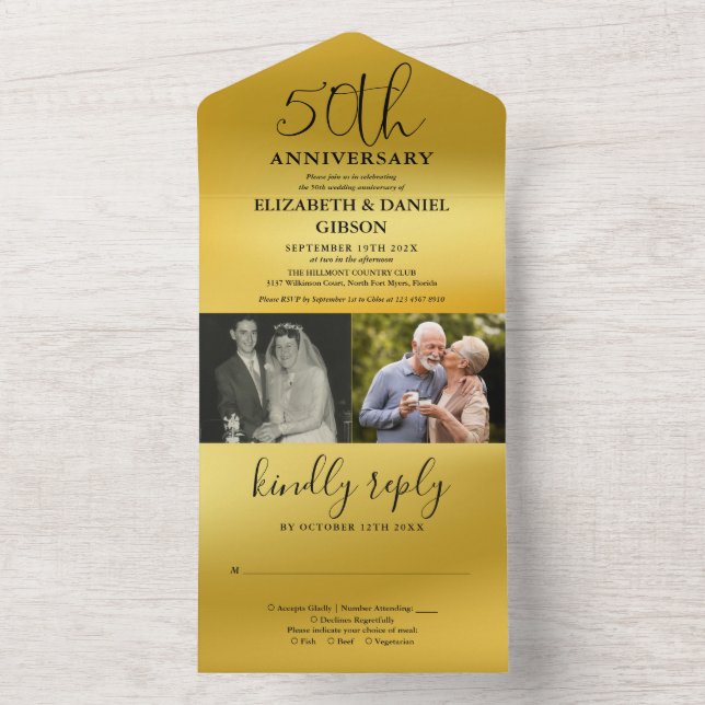 Then And Now 2 Photo 50th Wedding Anniversary Gold All In One Invitation (Inside)