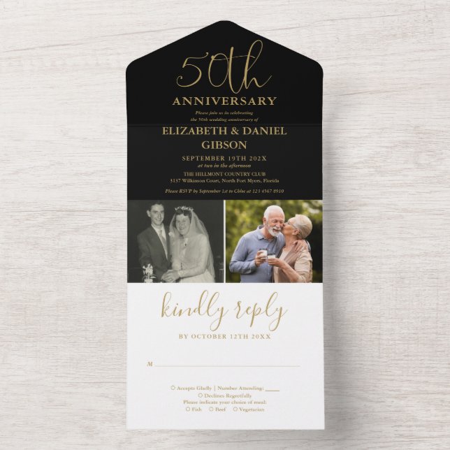 Then And Now 2 Photo 50th Wedding Anniversary Gold All In One Invitation (Inside)