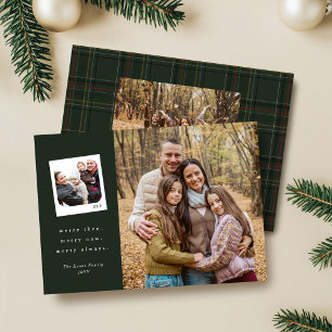 Then and now photos green plaid Merry Christmas Holiday Card