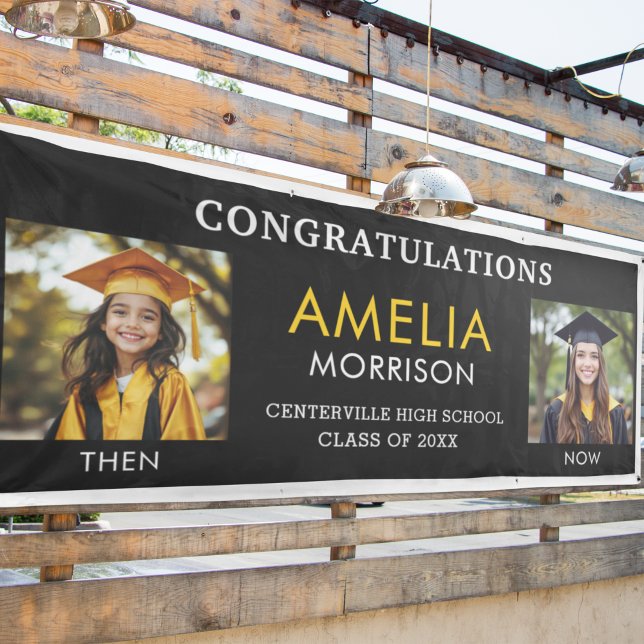 Then & Now Black Gold Photo Graduate Graduation Banner (Creator Uploaded)