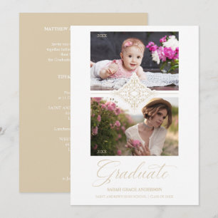 Then & Now Chic Gold 2 Photos Ornament Graduation Invitation