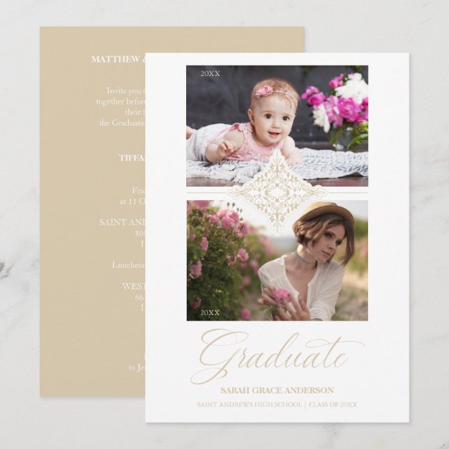 Then & Now Chic Gold 2 Photos Ornament Graduation Invitation (Front/Back)