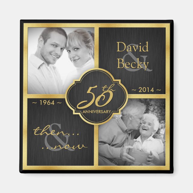Then & Now Elegant Black and Gold 50th Wedding Magnet (Front)