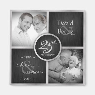 Then & Now Elegant Black and Silver 25th Wedding Magnet