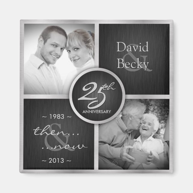 Then & Now Elegant Black and Silver 25th Wedding Magnet (Front)