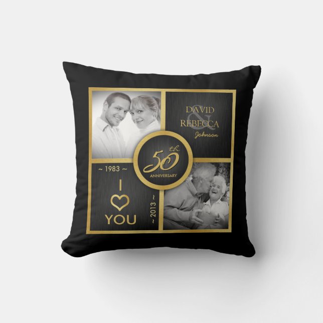 Then & Now - Elegant black & gold 50th Wedding Cushion (Front)
