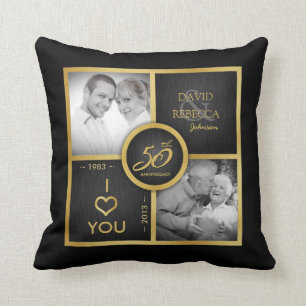Then & Now - Elegant black & gold 50th Wedding Cushion