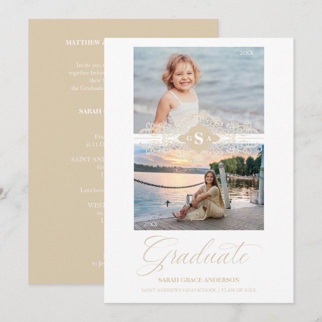 Then & Now Gold Lace Flourish Graduation Photo Invitation (Front/Back)