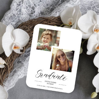 Then & Now Graduation Two Custom Photos Script Magnet