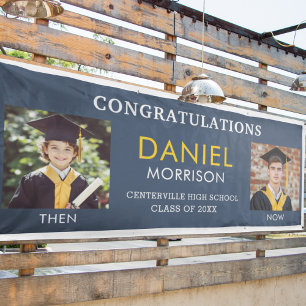 Then & Now Navy Blue Gold Photo Graduation Banner