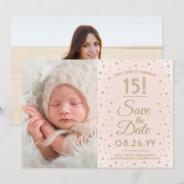 Then & Now Photos Quinceañera Blush Pink and Gold Save The Date (Front/Back)