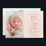 Then & Now Photos Quinceañera Blush Pink and Gold Save The Date<br><div class="desc">Look who's turning 15! Share then and now photos of the quinceañera with unique 2 photo save the date invitations. The pictures and all wording on this template are simple to personalize. The colors, font styles and overlay opacity can be easily customized with the Zazzle Design Editor tool. The blush...</div>