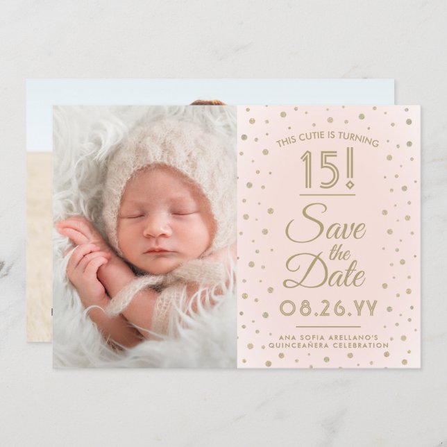 Then & Now Photos Quinceañera Blush Pink and Gold Save The Date (Front/Back)