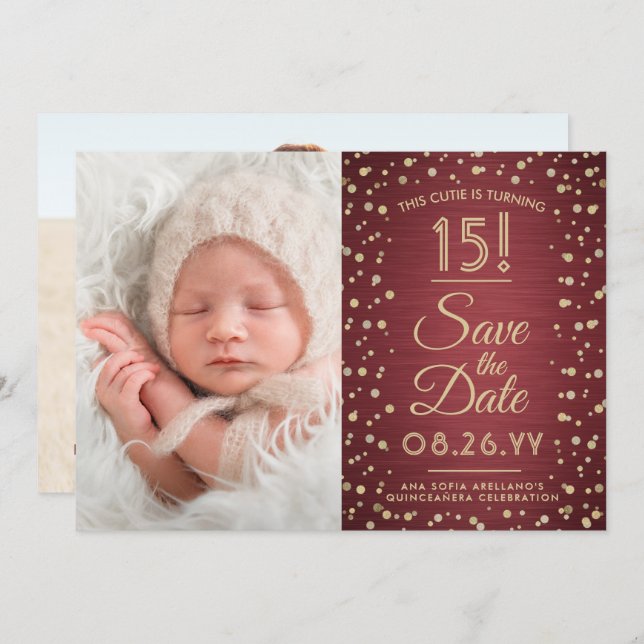 Then & Now Photos Quinceañera Burgundy and Gold Save The Date (Front/Back)