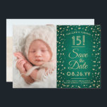 Then & Now Photos Quinceañera Green & Gold Glitter Save The Date<br><div class="desc">Look who's turning 15! Share then and now photos of the quinceañera with unique 2 photo save the date invitations. The pictures and all wording on this template are simple to personalise. The colours, font styles and overlay opacity can be easily customised with the Zazzle Design Editor tool. The modern...</div>