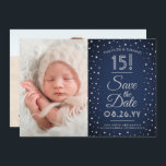 Then & Now Photos Quinceañera Navy Blue Confetti Save The Date<br><div class="desc">Look who's turning 15! Share then and now photos of the quinceañera with unique 2 photo save the date invitations. The pictures and all wording on this template are simple to personalize. The colors, font styles and overlay opacity can be easily customized with the Zazzle Design Editor tool. The modern...</div>