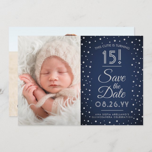 Then & Now Photos Quinceañera Navy Blue Confetti Save The Date (Front/Back)