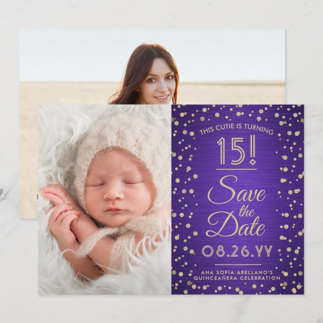 Then & Now Photos Quinceañera Purple and Gold Save The Date (Front/Back)