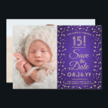 Then & Now Photos Quinceañera Purple and Gold Save The Date<br><div class="desc">Look who's turning 15! Share then and now photos of the quinceañera with unique 2 photo save the date invitations. The pictures and all wording on this template are simple to personalize. The colors, font styles and overlay opacity can be easily customized with the Zazzle Design Editor tool. The modern...</div>