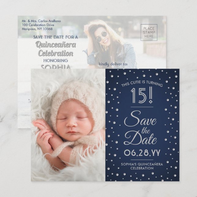 Then & Now Photos Quinceañera Save the Date Blue Invitation Postcard (Front/Back)