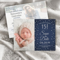Then & Now Photos Quinceañera Save the Date Blue