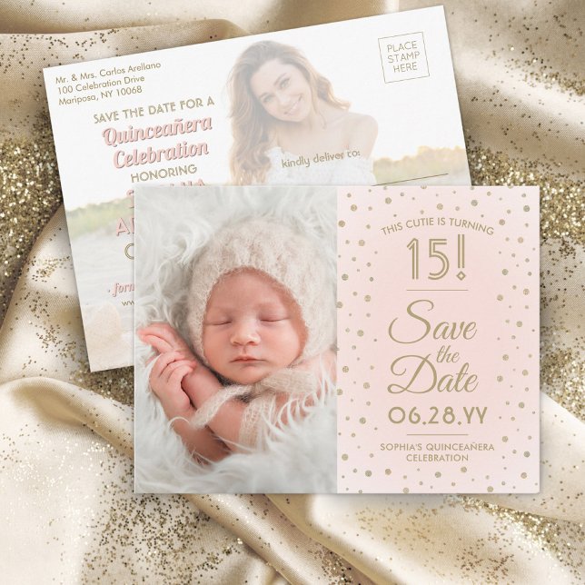 Then & Now Photos Quinceañera Save the Date Pink Invitation Postcard (Creator Uploaded)