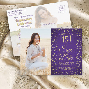 Then & Now Photos Quinceañera Save the Date Purple Invitation Postcard
