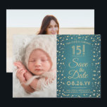 Then & Now Photos Quinceañera Teal & Gold Glitter Save The Date<br><div class="desc">Look who's turning 15! Share then and now photos of the quinceañera with unique 2 photo save the date invitations. The pictures and all wording on this template are simple to personalize. The colors, font styles and overlay opacity can be easily customized with the Zazzle Design Editor tool. The modern...</div>