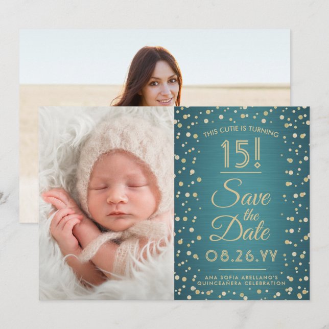 Then & Now Photos Quinceañera Teal & Gold Glitter Save The Date (Front/Back)