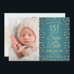 Then & Now Photos Quinceañera Teal & Gold Glitter Save The Date<br><div class="desc">Look who's turning 15! Share then and now photos of the quinceañera with unique 2 photo save the date invitations. The pictures and all wording on this template are simple to personalize. The colors, font styles and overlay opacity can be easily customized with the Zazzle Design Editor tool. The modern...</div>