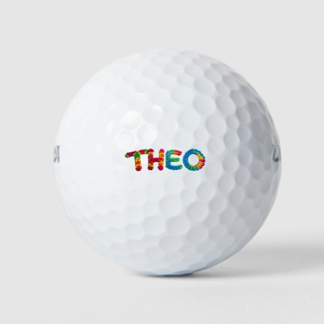 THEO Name in Vibrant Crochet Pattern Golf Balls (Front)