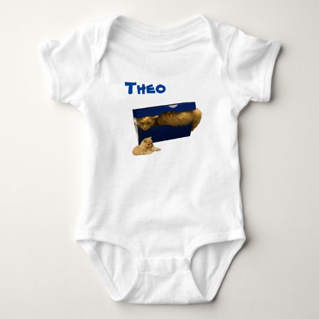 Theo Name With Cat In A Box, Baby Bodysuit (Front)