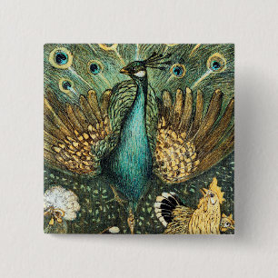 Theo Van Hoytema Vintage Peacock Open Wings Peafow 15 Cm Square Badge