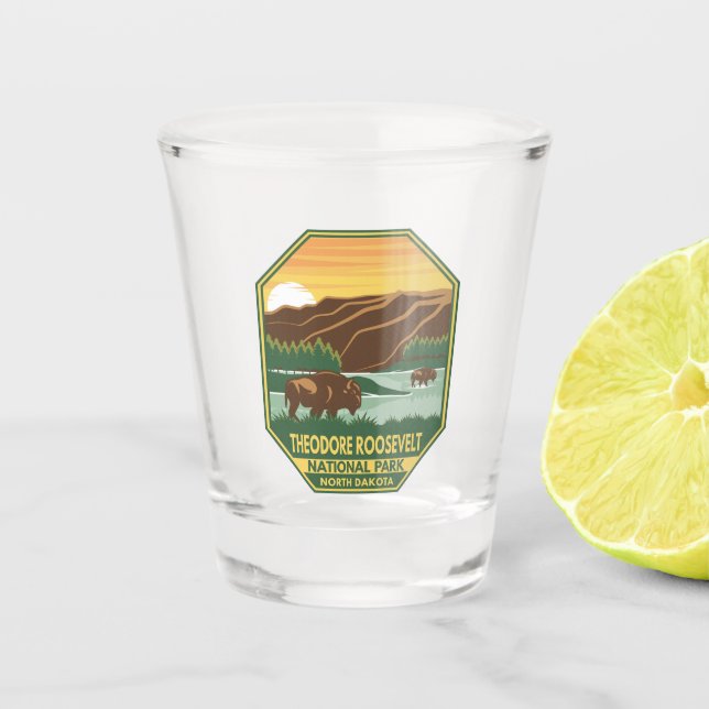 Theodore Roosevelt National Park Bison Retro Shot Glass (Front)