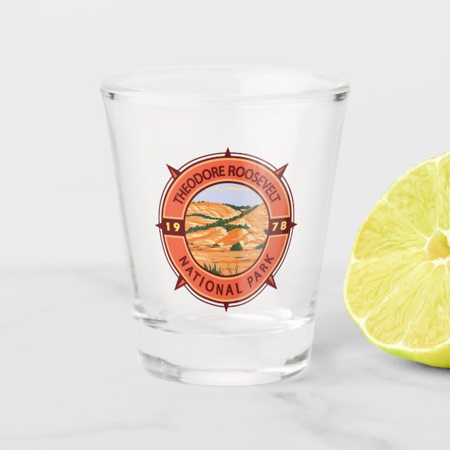 Theodore Roosevelt National Park Retro Compass Shot Glass (Front)