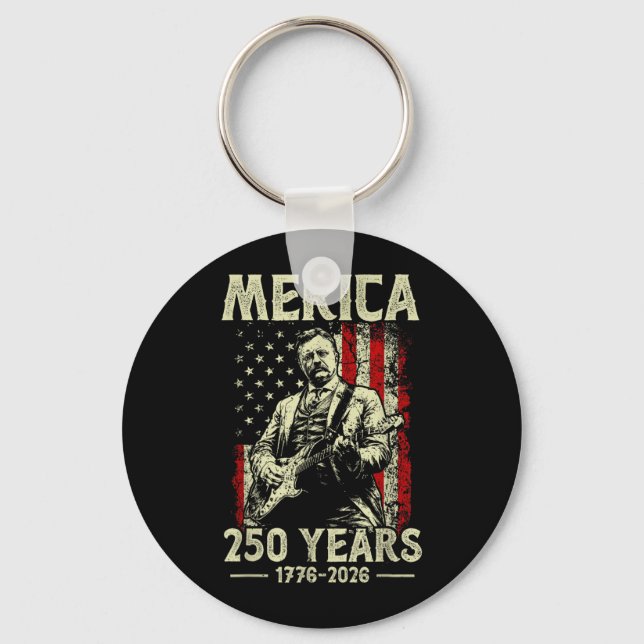 Theodore Roosevelt Playing Guitar Rock N Roll Key Ring (Front)