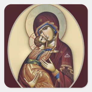 Theotokos and Christ Child in Maroon and Gold Icon Square Sticker