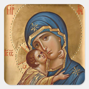 Theotokos and Infant Jesus in Blues and Golds Icon Square Sticker