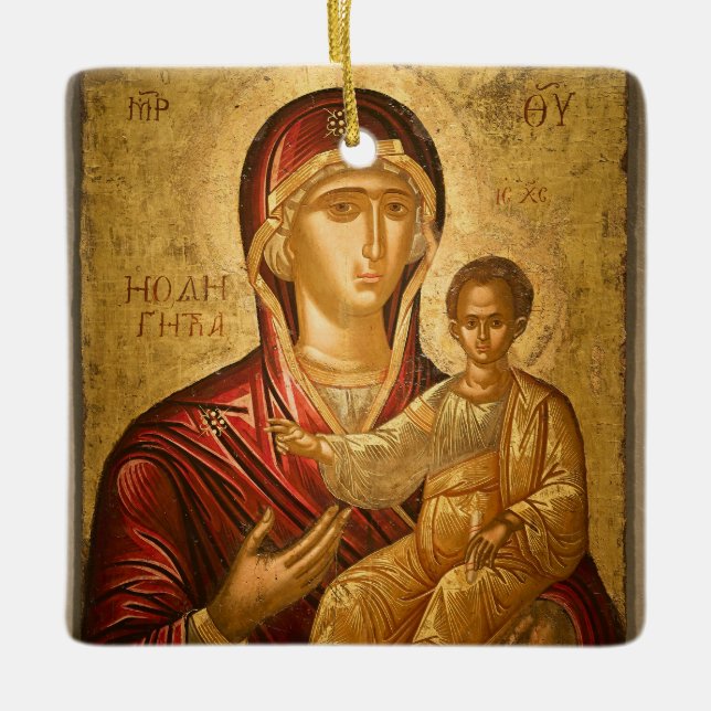 Theotokos and the Christ Child Red and Gold Icon Ceramic Ornament (Front)