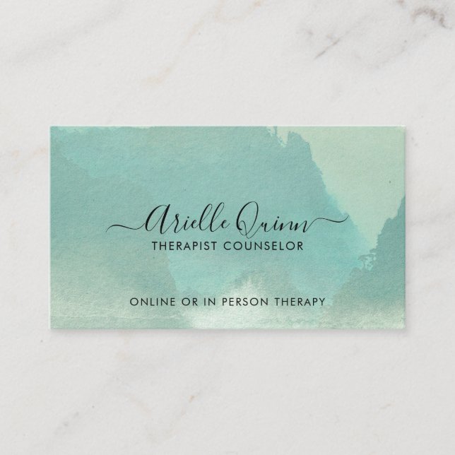 Therapist Counsellor Abstract Blue Green Watercolo Business Card (Front)