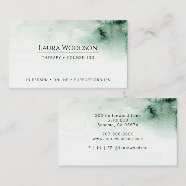 Therapist Counsellor Abstract Watercolor Green Business Card (Front/Back)