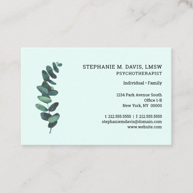Therapist Eucalyptus Mint Green Euro Business Card (Front)