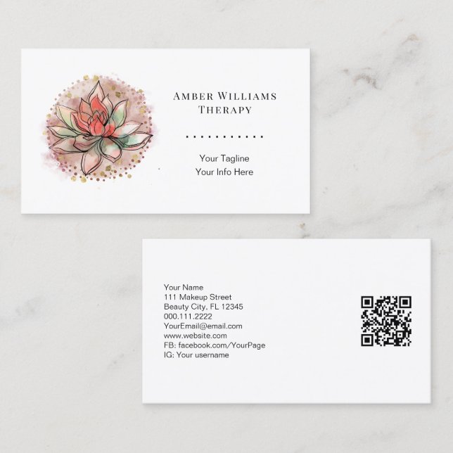 Therapist Spa Succulent Yoga Healing QR Code Black Business Card (Front/Back)